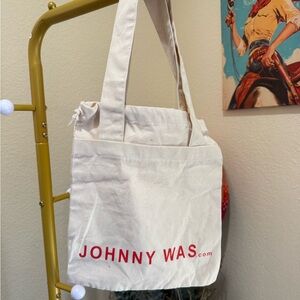 Johnny Was White Canvas Tote with Red Logo